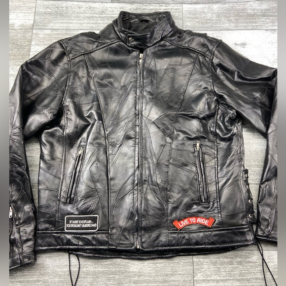 Diamond Plate Buffalo Leather Black Mens Motorcycle Jacket Eagle Patches Large - Picture 1 of 16